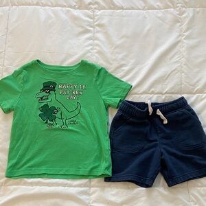 Green Dinosaur St Patrick’s Day Clover Graphic T-Shirt and Navy shirt Shorts Set